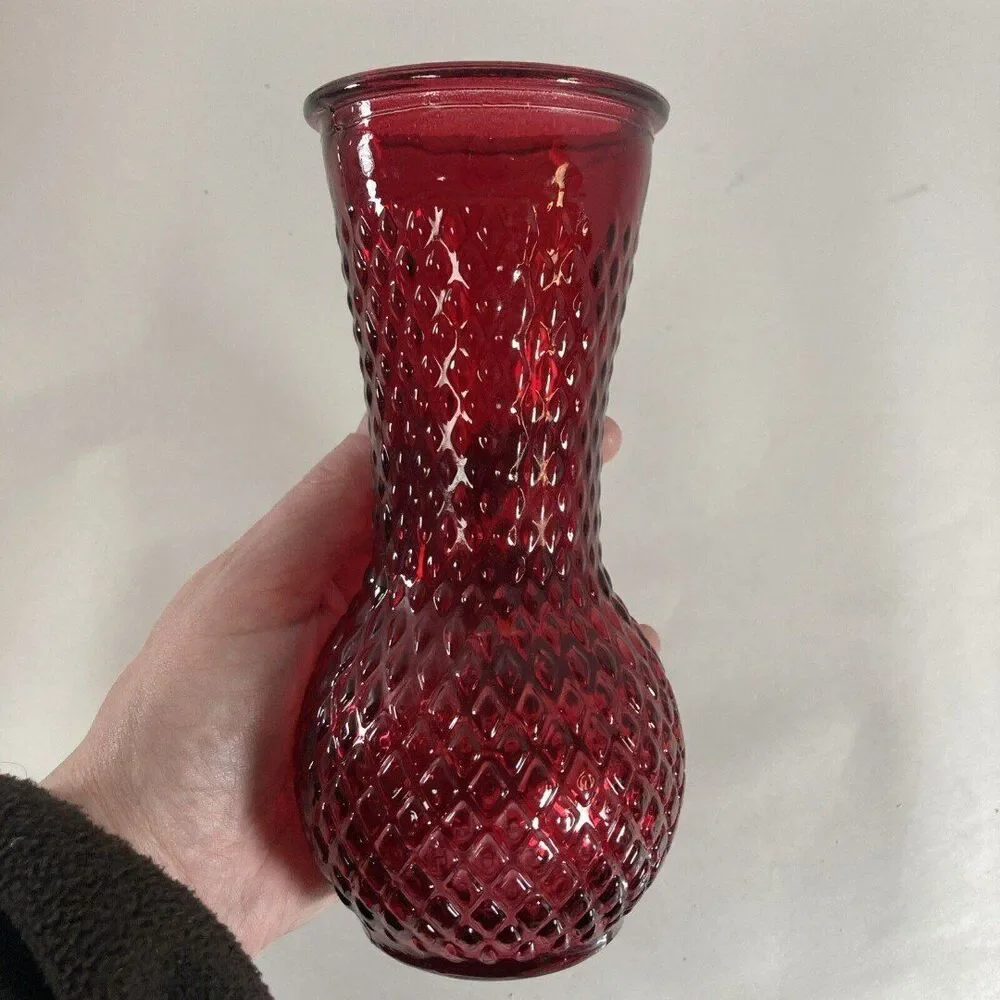 Red Hobnail Glass Vase Diamond Pattern 7” Tall Vintage Spring Valentine Flowers